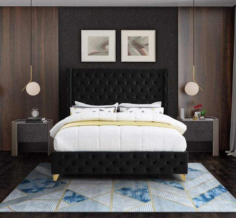 Savan Velvet Queen Bed Black - Gate FurnitureQueen Bed