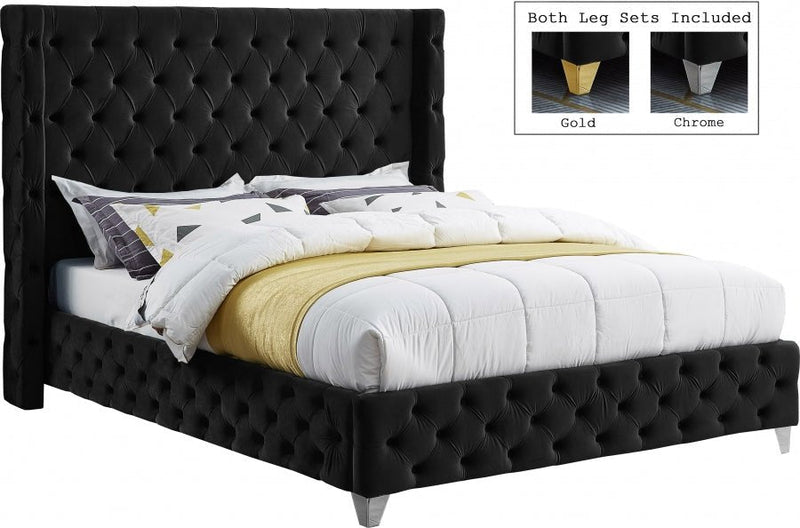 Savan Velvet Queen Bed Black - Gate FurnitureQueen Bed