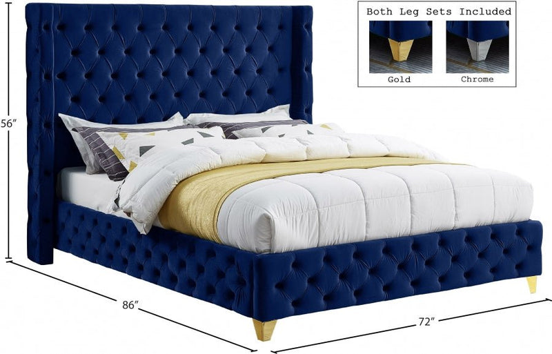 Savan Velvet Queen Bed Blue - Gate FurnitureQueen Bed