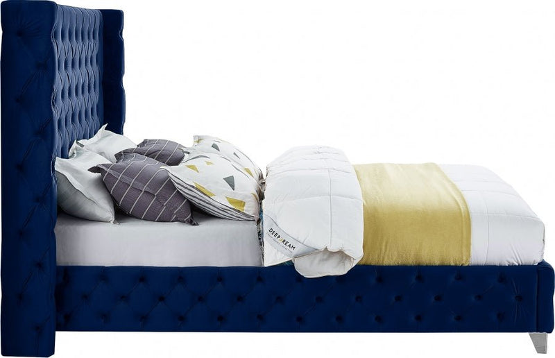 Savan Velvet Queen Bed Blue - Gate FurnitureQueen Bed