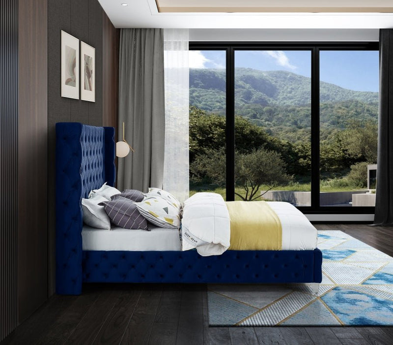 Savan Velvet Queen Bed Blue - Gate FurnitureQueen Bed