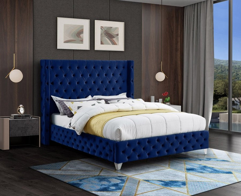 Savan Velvet Queen Bed Blue - Gate FurnitureQueen Bed