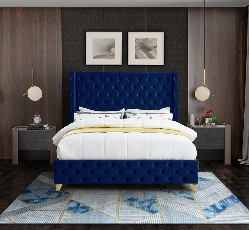 Savan Velvet Queen Bed Blue - Gate FurnitureQueen Bed