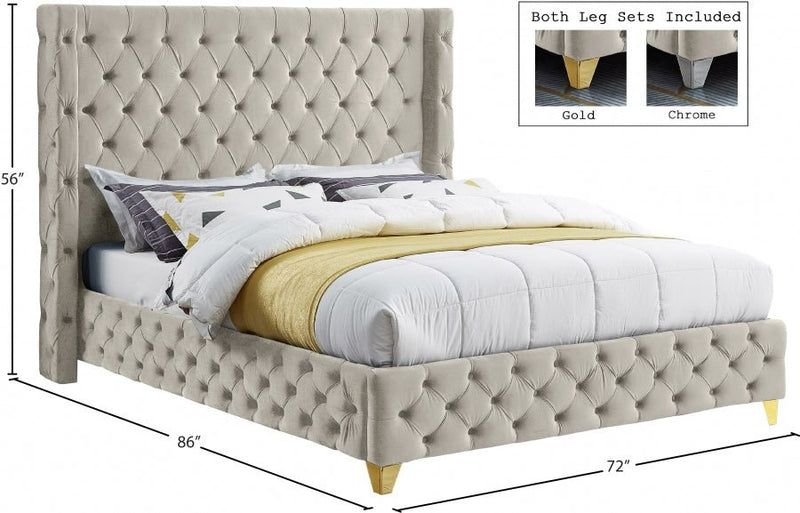 Savan Velvet Queen Bed Cream - Gate FurnitureQueen Bed