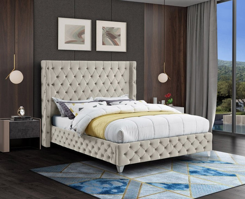 Savan Velvet Queen Bed Cream - Gate FurnitureQueen Bed