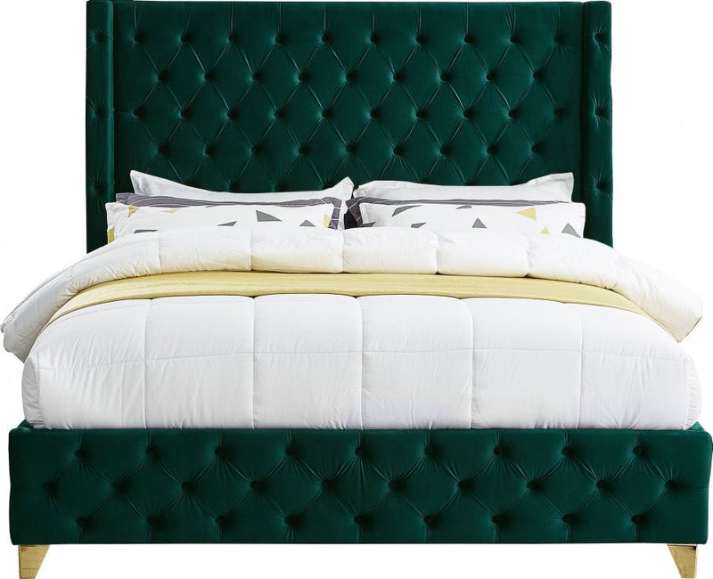 Savan Velvet Queen Bed Green - Gate FurnitureQueen Bed