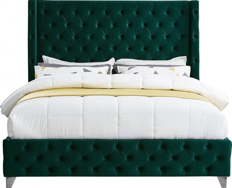 Savan Velvet Queen Bed Green - Gate FurnitureQueen Bed