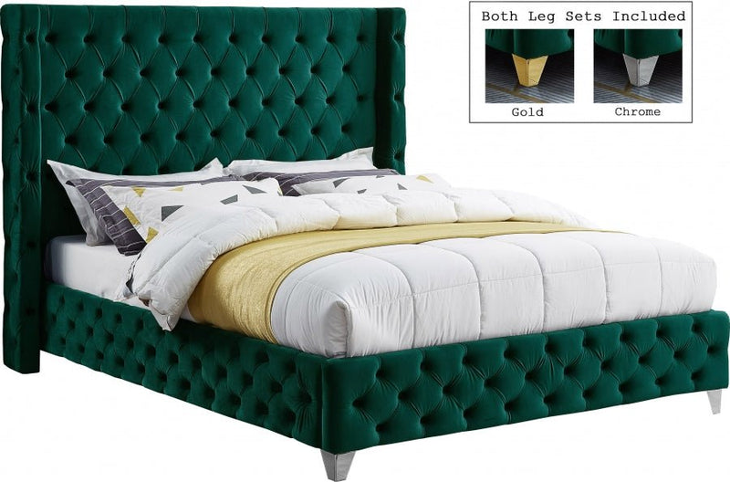 Savan Velvet Queen Bed Green - Gate FurnitureQueen Bed