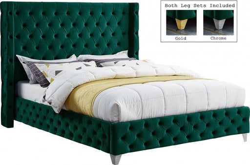 Savan Velvet Queen Bed Green - Gate FurnitureQueen Bed