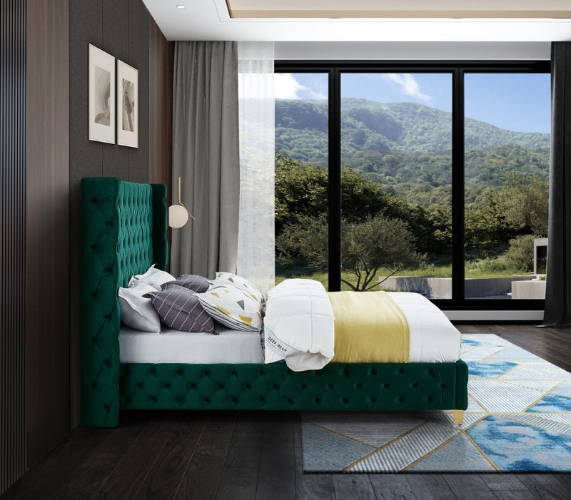 Savan Velvet Queen Bed Green - Gate FurnitureQueen Bed