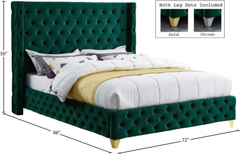Savan Velvet Queen Bed Green - Gate FurnitureQueen Bed