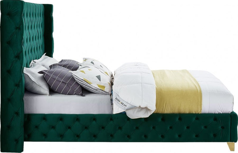 Savan Velvet Queen Bed Green - Gate FurnitureQueen Bed