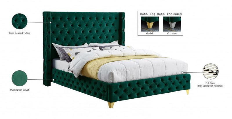 Savan Velvet Queen Bed Green - Gate FurnitureQueen Bed