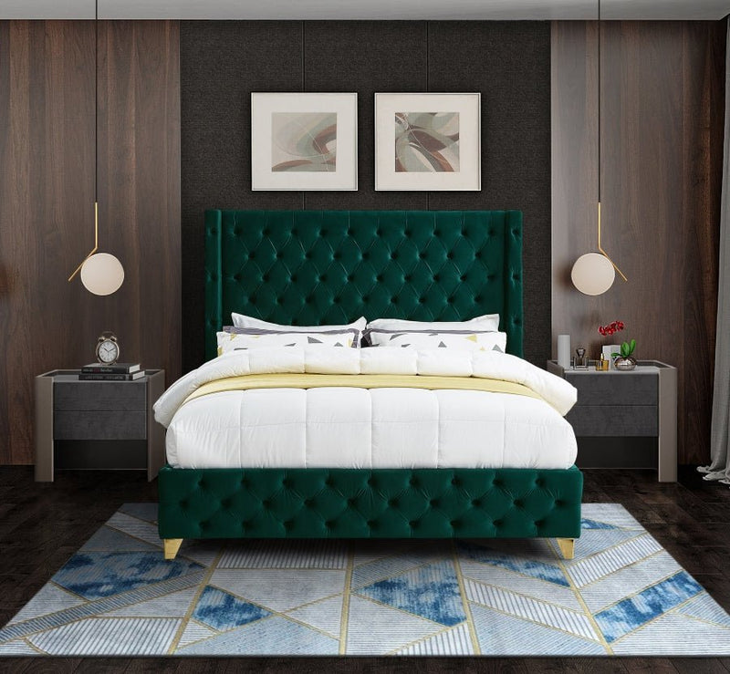 Savan Velvet Queen Bed Green - Gate FurnitureQueen Bed
