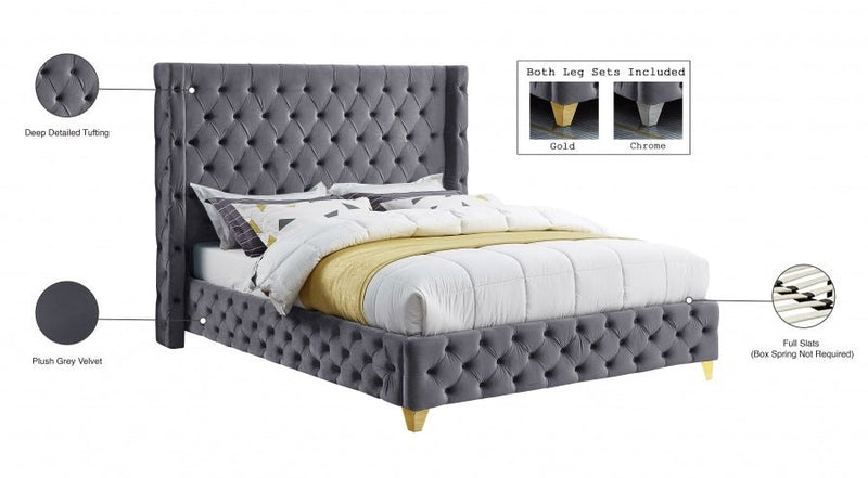 Savan Velvet Queen Bed Grey - Gate FurnitureQueen Bed