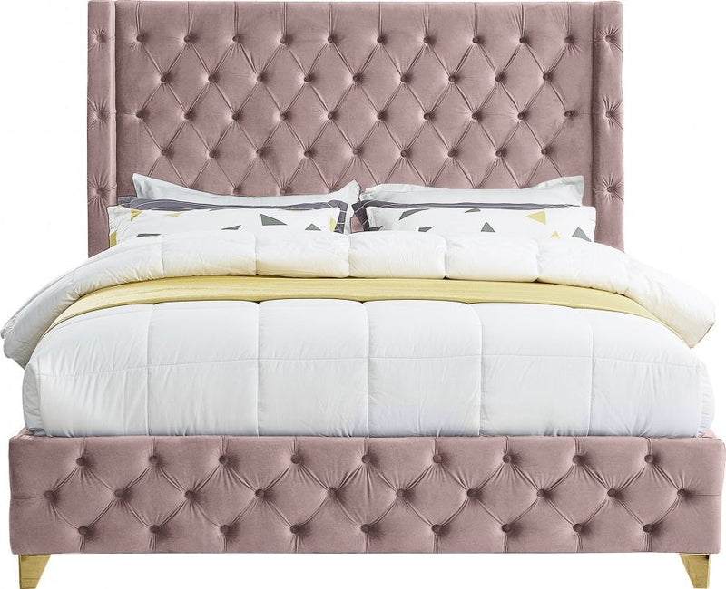 Savan Velvet Queen Bed Pink - Gate FurnitureQueen Bed