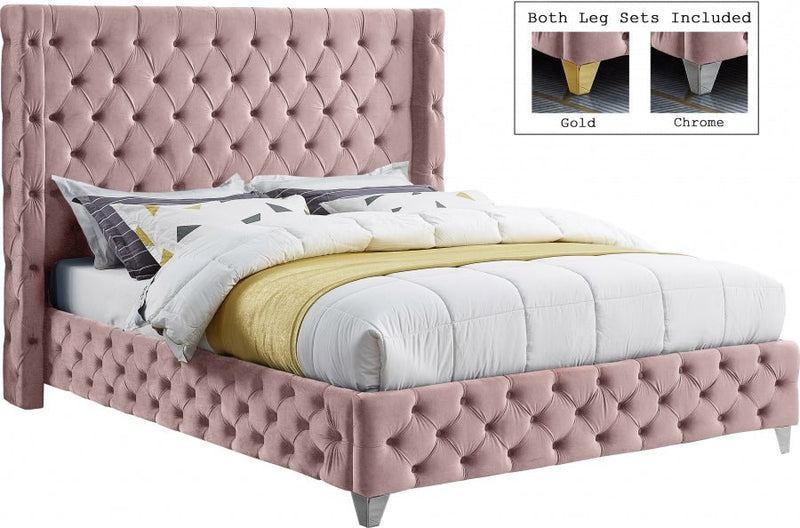 Savan Velvet Queen Bed Pink - Gate FurnitureQueen Bed