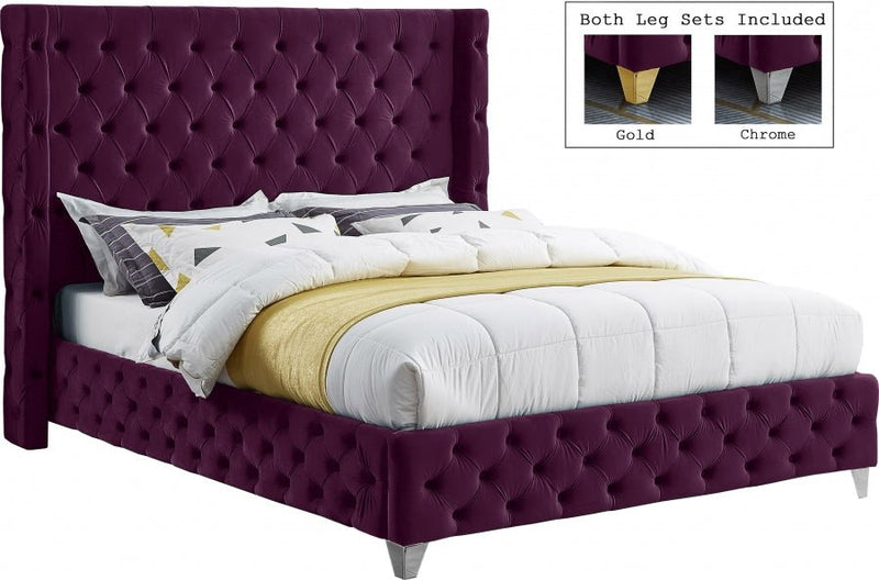 Savan Velvet Queen Bed Purple - Gate FurnitureQueen Bed