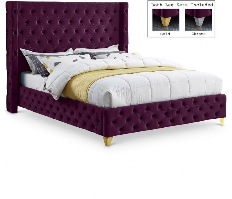 Savan Velvet Queen Bed Purple - Gate FurnitureQueen Bed