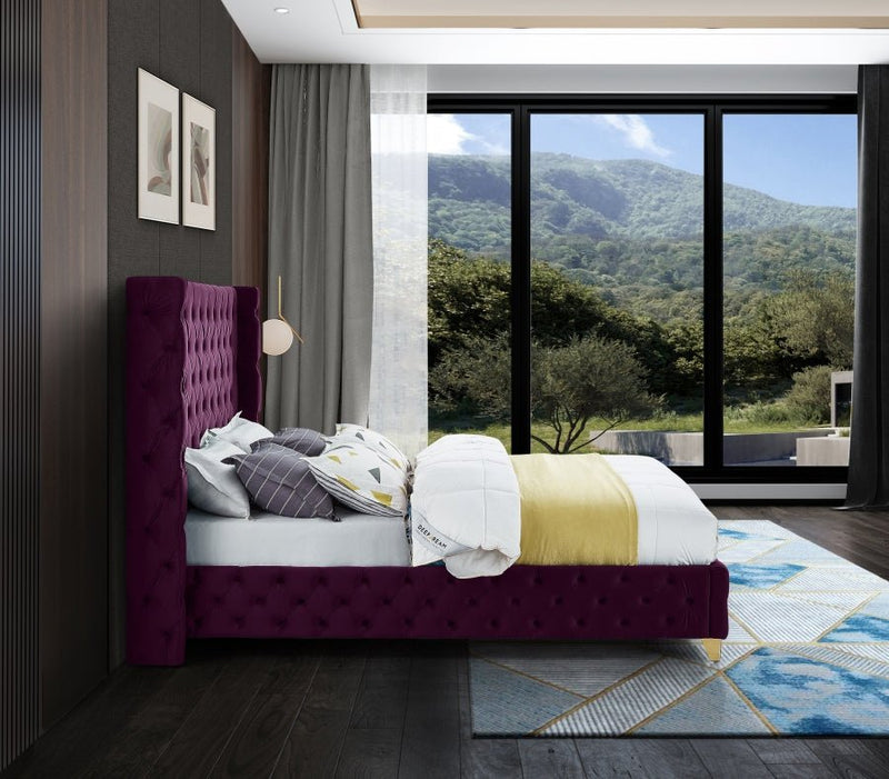 Savan Velvet Queen Bed Purple - Gate FurnitureQueen Bed