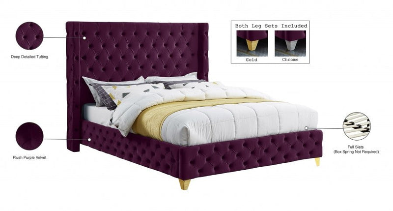 Savan Velvet Queen Bed Purple - Gate FurnitureQueen Bed