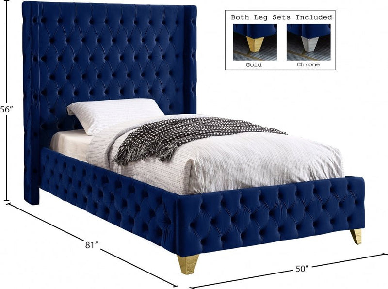 Savan Velvet Twin Bed Blue - Gate FurnitureTwin Bed