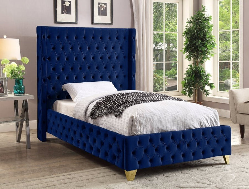 Savan Velvet Twin Bed Blue - Gate FurnitureTwin Bed