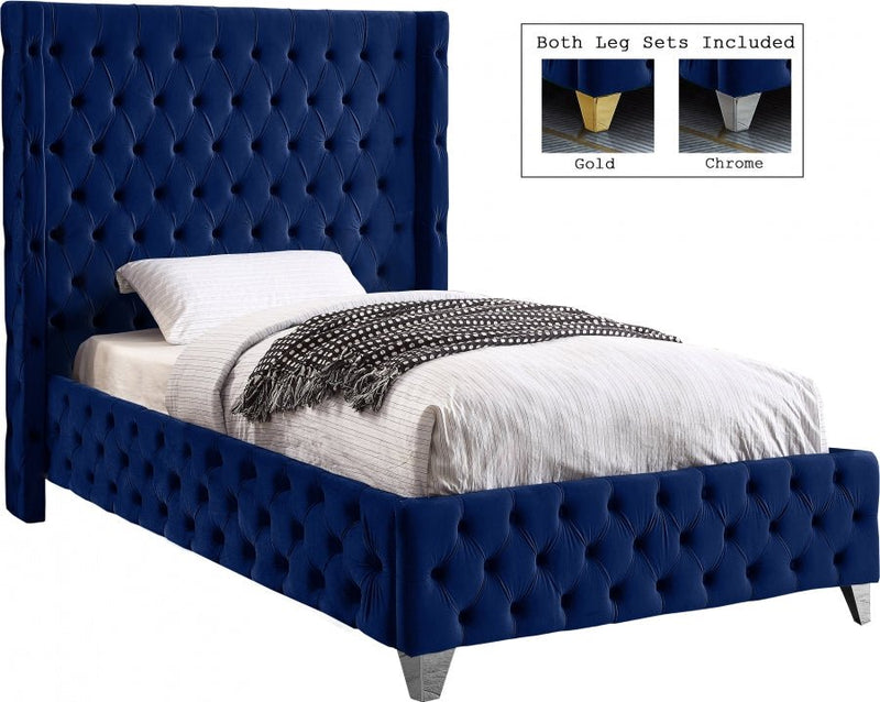 Savan Velvet Twin Bed Blue - Gate FurnitureTwin Bed