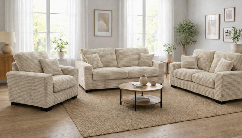 Savannah - Beige Upholstered Sofa and Loveseat with Throw Pillows Included - L408-SL