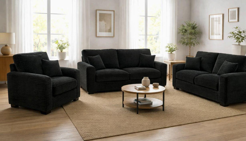 Savannah - Black Upholstered Sofa, Loveseat and Chair with Throw Pillows Included - L405-SLC