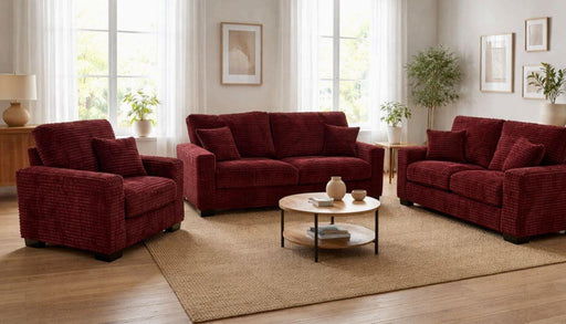 Savannah - Burgundy Upholstered Sofa, Loveseat and Chair with Throw Pillows Included - L407-SLC