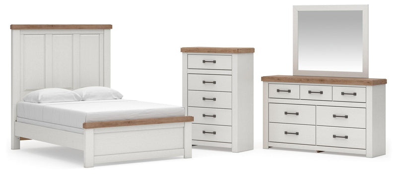 Savonport Full Panel Bed, Dresser, Mirror and Chest in White/Brown - PKG025552