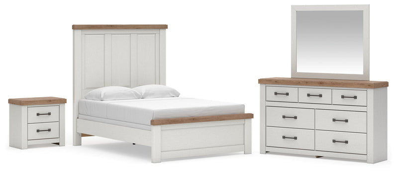 Savonport Full Panel Bed. Dresser, Mirror and Nightstand in White/Brown - PKG025551