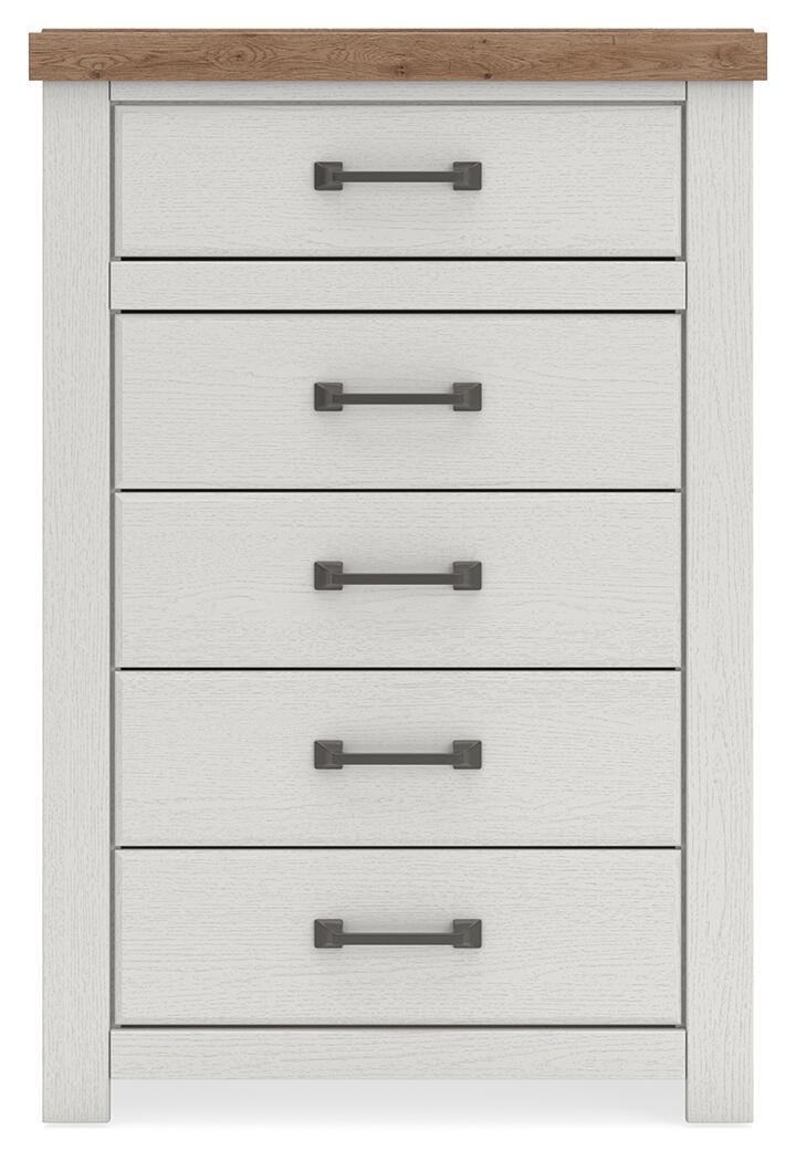 Savonport Full Panel Storage Bed, Chest and Nightstand in White/Brown - PKG025574
