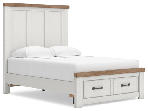 Savonport Full Panel Storage Bed. Dresser, Mirror and Nightstand in White/Brown - PKG025575