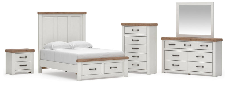 Savonport Full Panel Storage Bed, Dresser, Mirror, Chest and Nightstand in White/Brown - PKG025577
