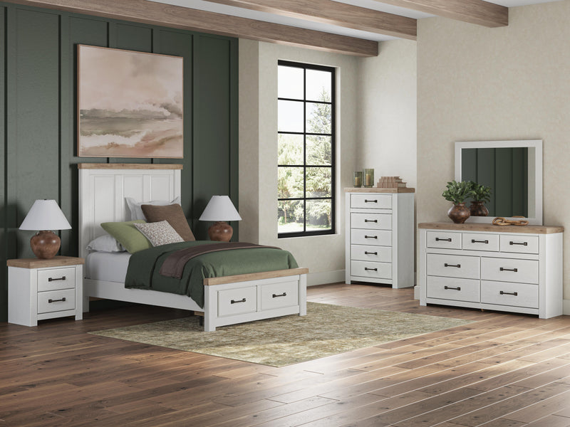 Savonport Full Panel Storage Bed, Dresser, Mirror, Chest and Nightstand in White/Brown - PKG025577
