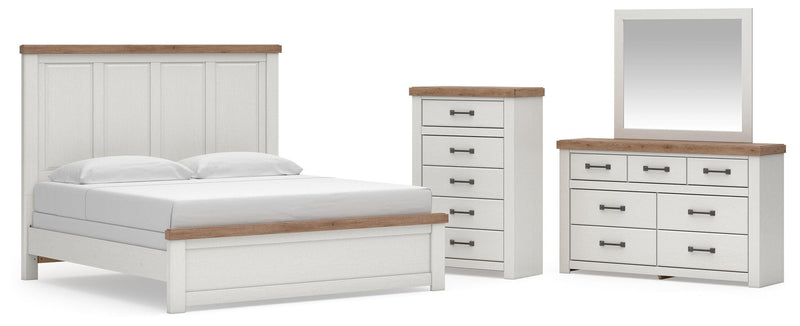 Savonport King Panel Bed, Dresser, Mirror and Chest in White/Brown - PKG025305