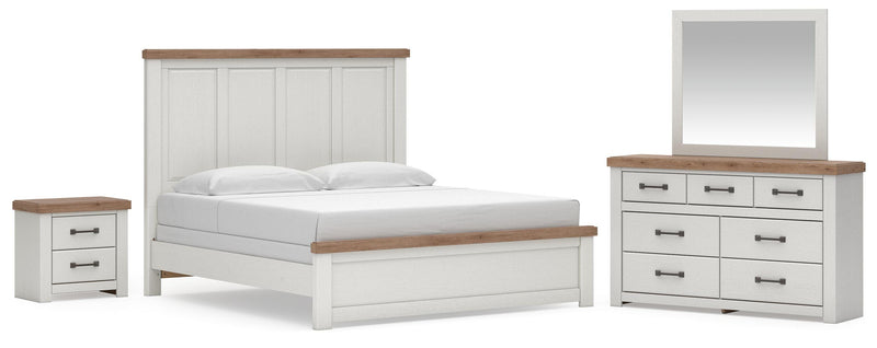 Savonport King Panel Bed. Dresser, Mirror and Nightstand in White/Brown - PKG025304