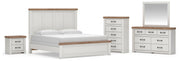 Savonport King Panel Bed, Dresser, Mirror, Chest and Nightstand in White/Brown - PKG025306