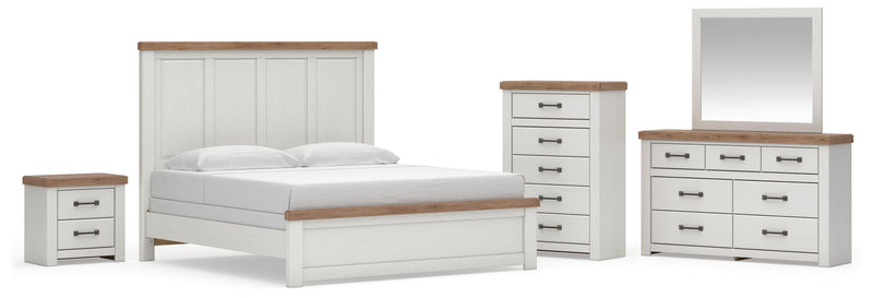 Savonport King Panel Bed, Dresser, Mirror, Chest and Nightstand in White/Brown - PKG025306