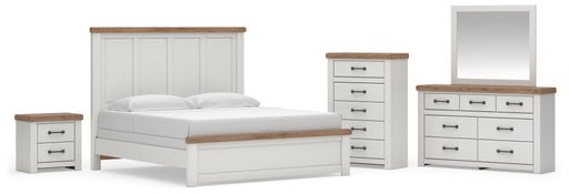 Savonport King Panel Bed, Dresser, Mirror, Chest and Nightstand in White/Brown - PKG025306