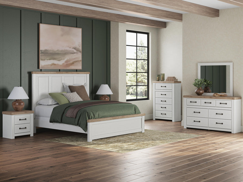 Savonport King Panel Bed, Dresser, Mirror, Chest and Nightstand in White/Brown - PKG025306