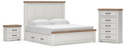 Savonport King Panel Bed with Storage, Chest and Nightstand in White/Brown - PKG025404