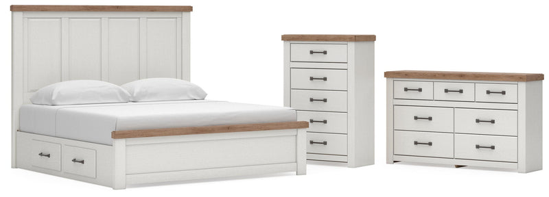 Savonport King Panel Bed with Storage, Dresser and Chest in White/Brown - PKG025403