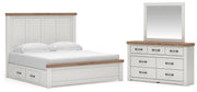 Savonport King Panel Bed with Storage, Dresser and Mirror in White/Brown - PKG025516