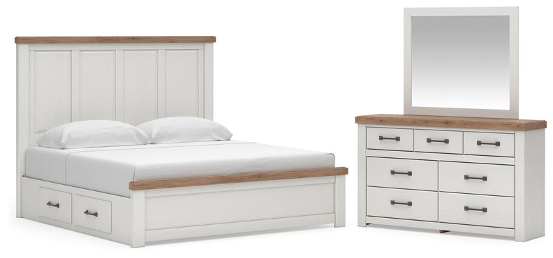 Savonport King Panel Bed with Storage, Dresser and Mirror in White/Brown - PKG025516