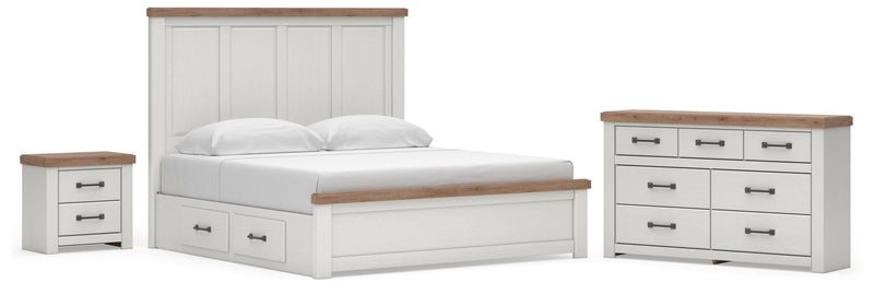 Savonport King Panel Bed with Storage, Dresser and Nightstand in White/Brown - PKG025409
