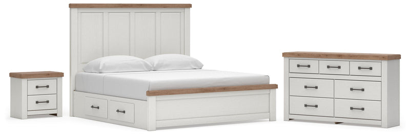 Savonport King Panel Bed with Storage, Dresser and Nightstand in White/Brown - PKG025523