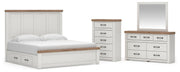 Savonport King Panel Bed with Storage, Dresser, Mirror and Chest in White/Brown - PKG025406